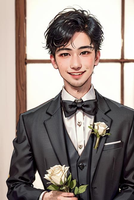 18652-3722807401-1boy, short black hair, smile, white skin, black suit, black bowtie, holding flowers,, realistic, wedding,__lora_water3-000035_0.png